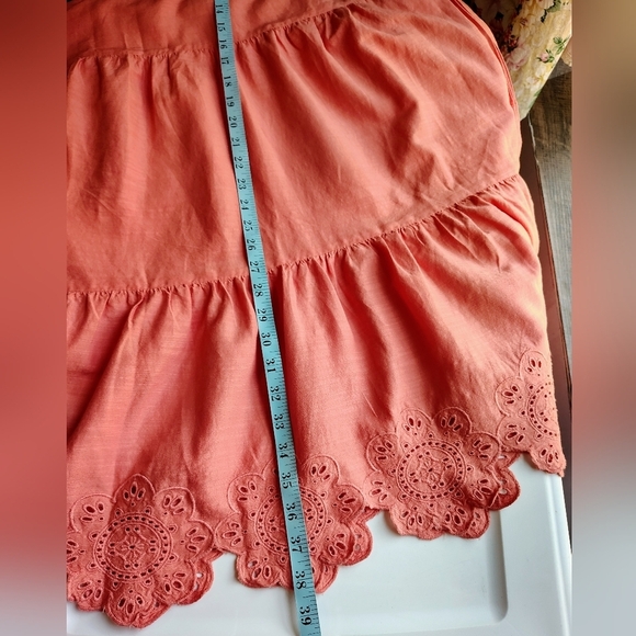 Tiered Lace-Up Mini Swing Dress Eyelet Floral Hem Coral Long Sleeve M. - Picture 6 of 17